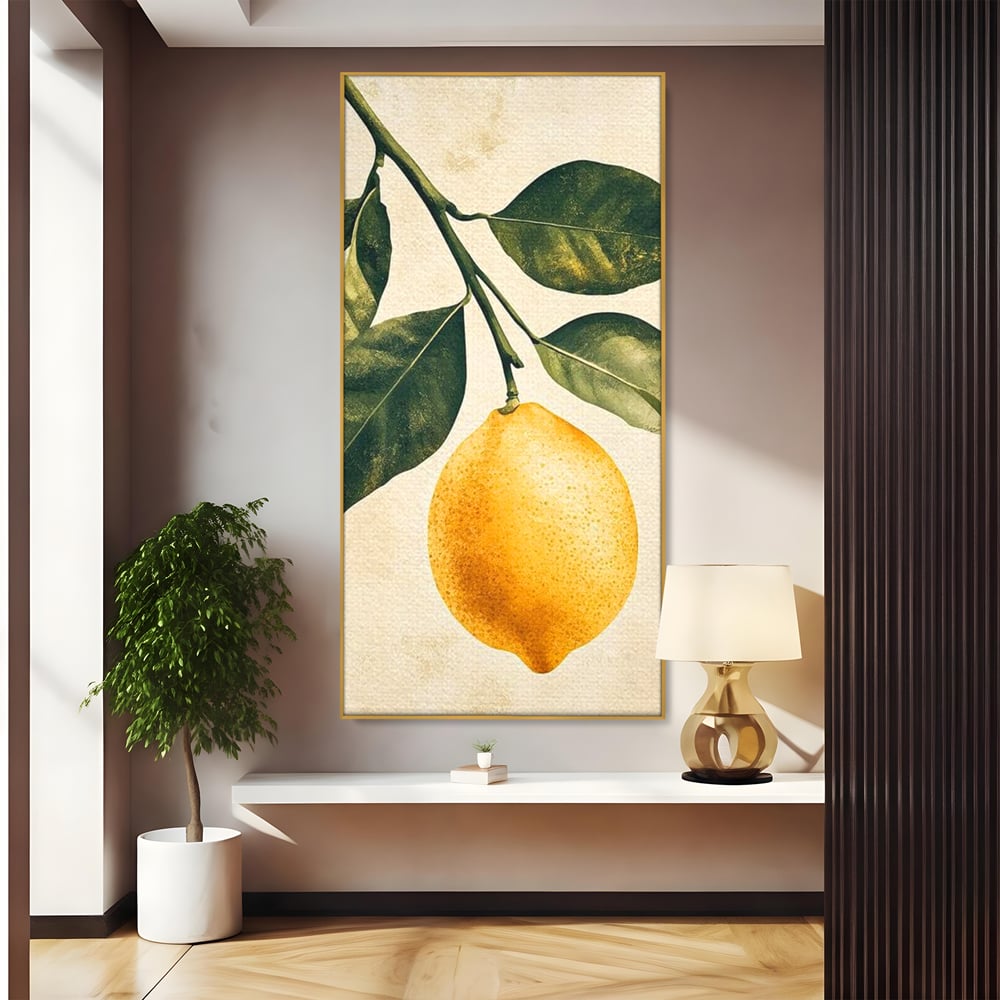 Tablou canvas cu ilustratie botanica cu lamaie si frunze, in rama de aluminiu auriu